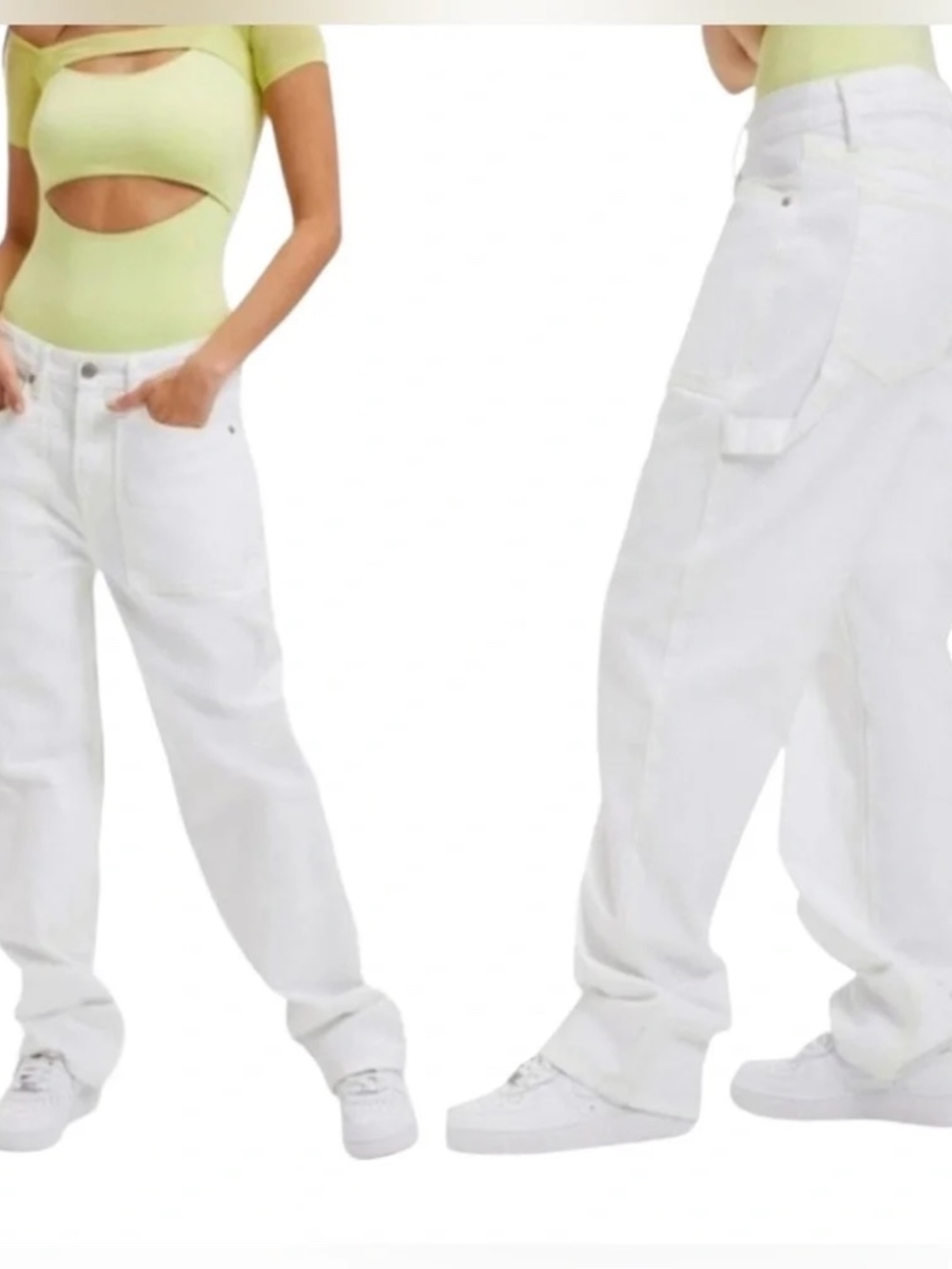 NWT Good American Good 90s Carpenter Jeans White w/ Lime Stitching 8 FLAW